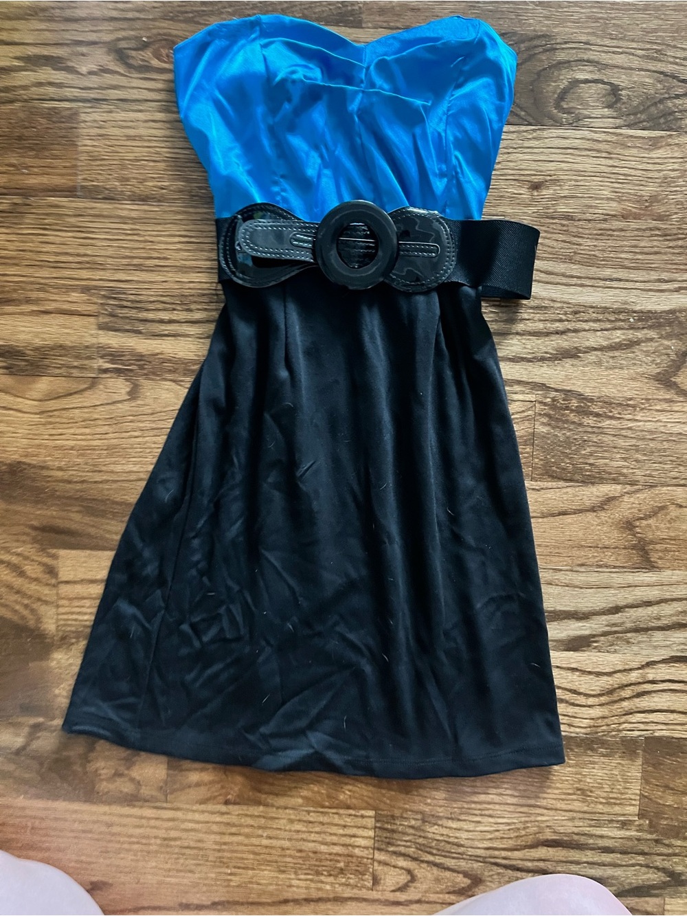 Strapless Teal-Blue and Black Belted Cocktail Dress